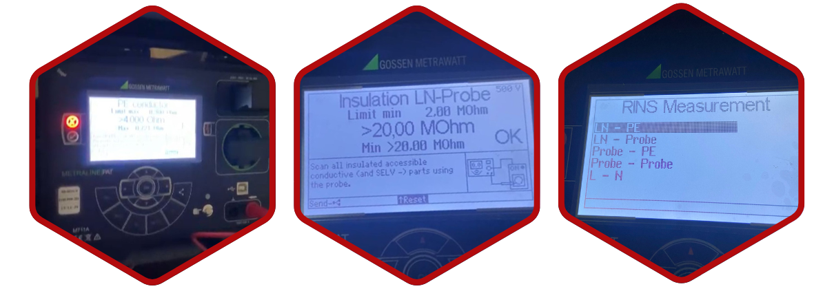 Pat testi analizleri ve periyodik kontrol muayene süreçlerini gerçekleştiren bir firmanın Gossen Metrawatt cihazıyla yaptığı izolasyon ölçüm sonuçlarını gösteren görsel. Cihaz ekranında LN-Probe ile >20.00 MOhm değerinde başarılı bir izolasyon testi ve RINS ölçüm sonuçları yer alıyor.